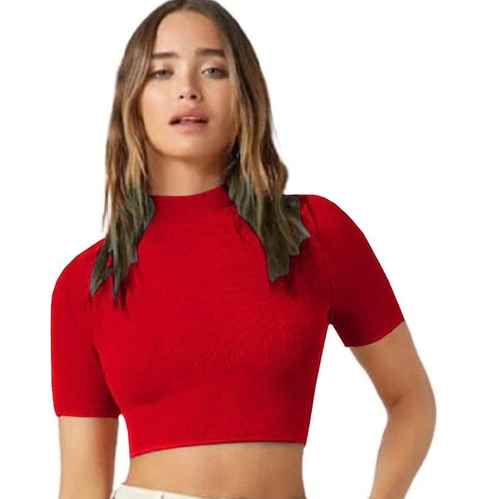 Fashion Women's Casual Solid Crop Top Short Sleeves High-Neck (15" Inches Approx